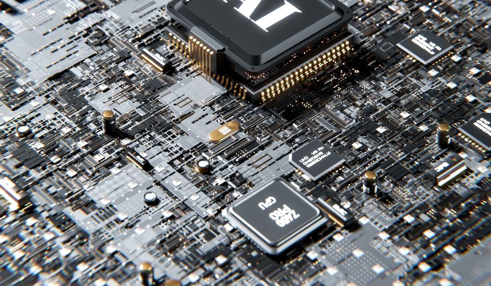 A grey rendered computer chip stamped with a large letter A, symbolizing AI processing hardware