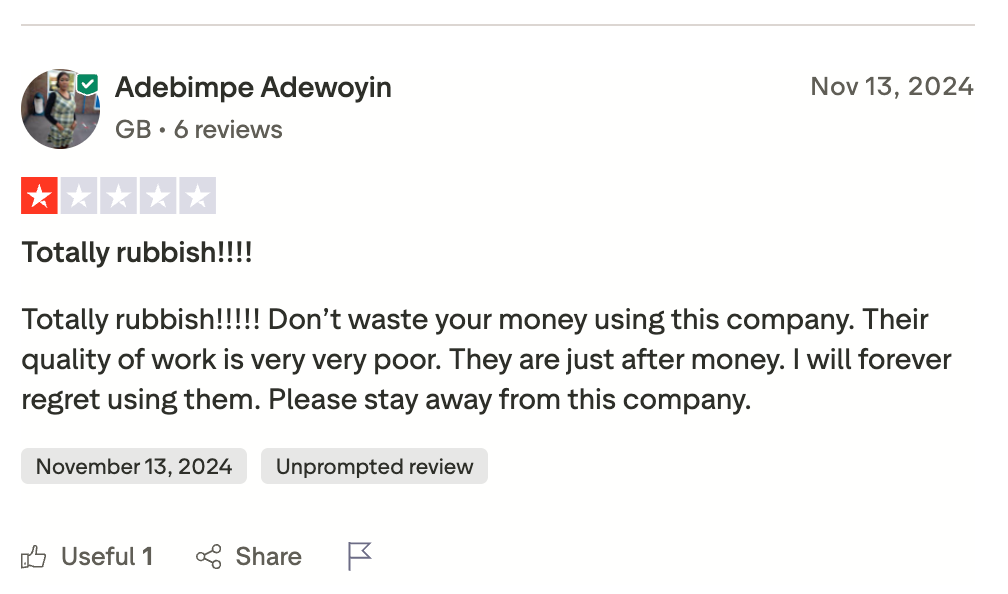 One star Trustpilot review calling All Assignment Help low quality