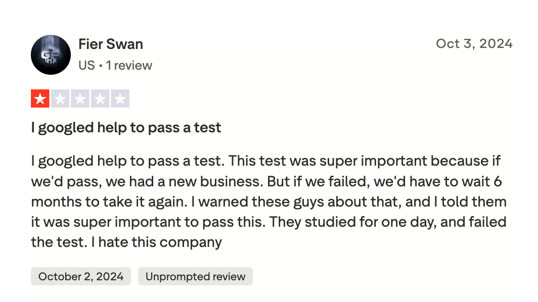 One star Trustpilot review describing a failed test after paying for exam prep