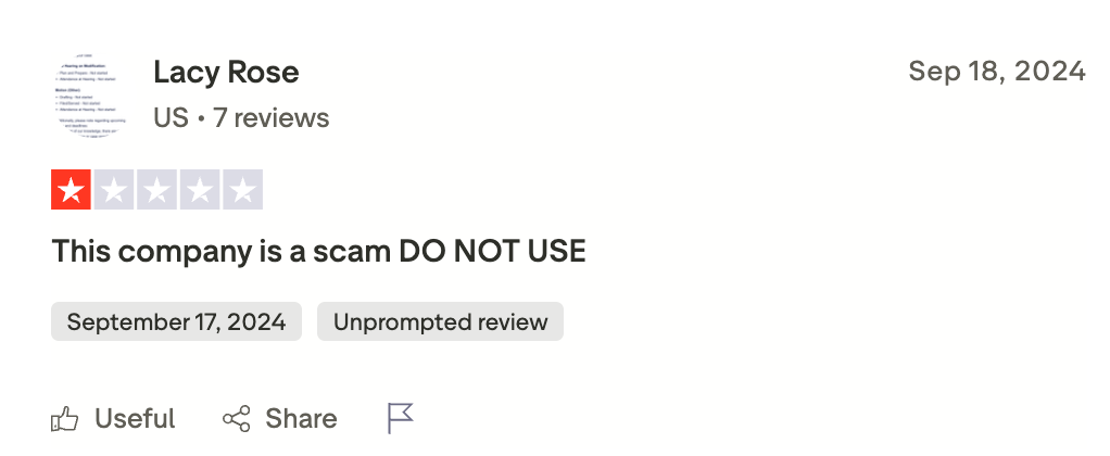 One star Trustpilot review titled scam do not use