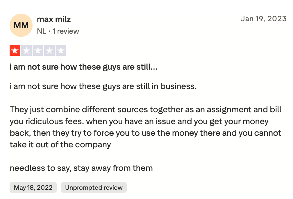 One star Trustpilot review describing high fees and store credit refunds