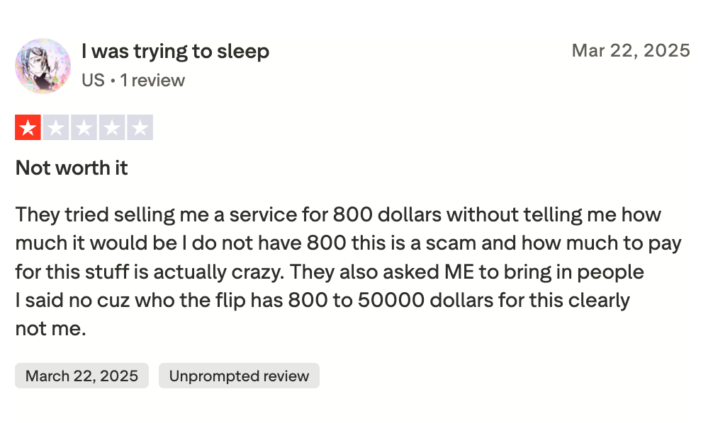 One star Trustpilot review describing an unclear 800 dollar sales pitch from BoostMyGrade