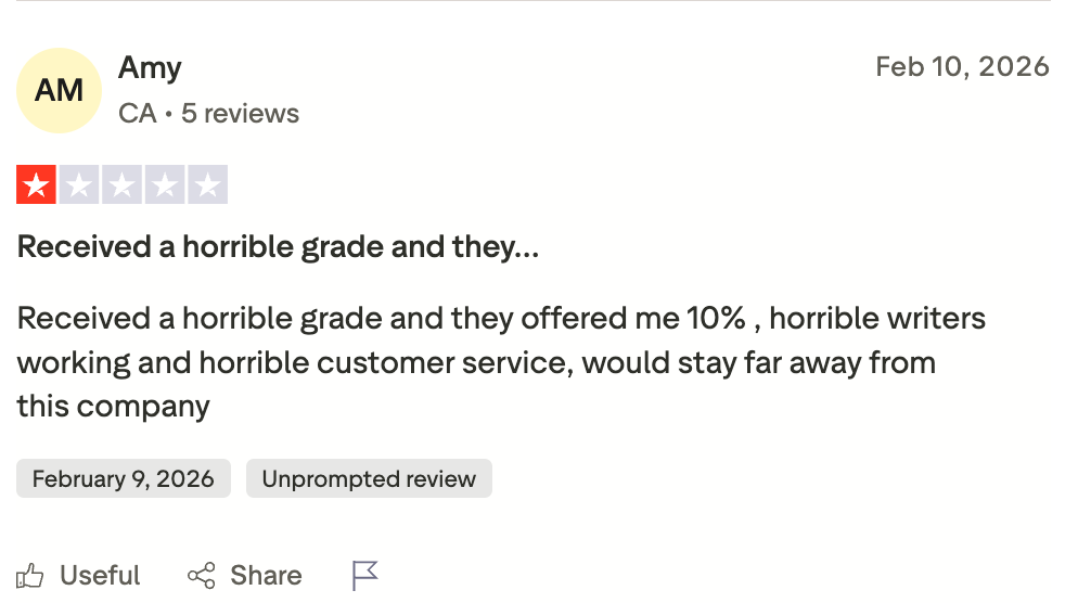 One star Trustpilot review describing a poor grade and a partial refund offer from EduBirdie