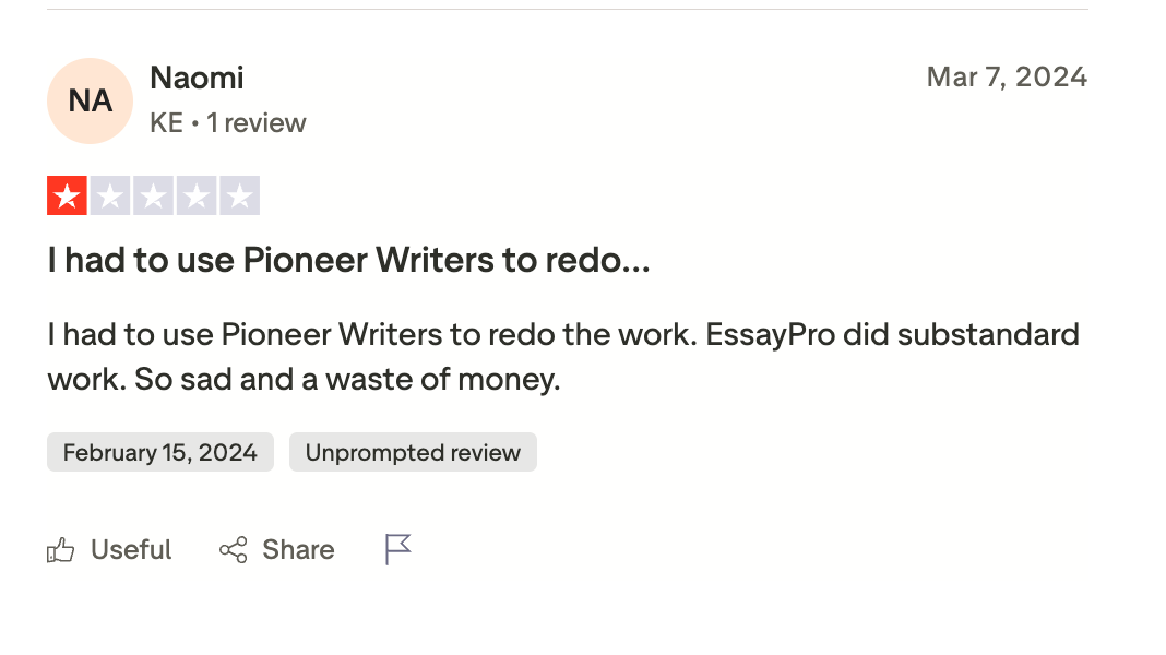One star Trustpilot review describing substandard work from essaypro.com that had to be redone elsewhere