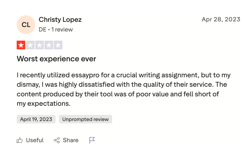 One star Trustpilot review describing poor quality content attributed to a tool on essaypro.com