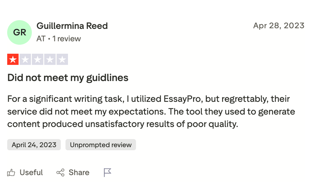One star Trustpilot review describing tool generated content that did not meet guidelines on essaypro.com