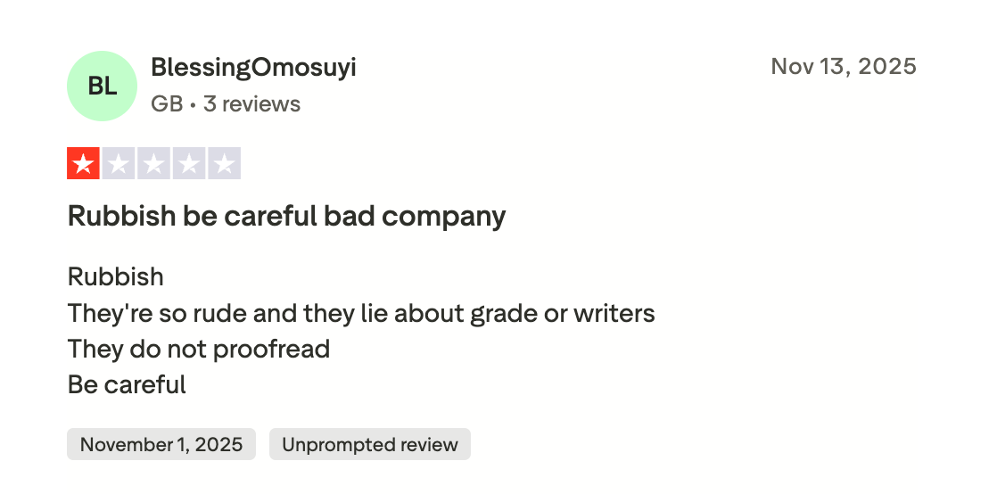 One star Trustpilot review alleging misrepresented grades and unproofread work from myassignmenthelp.com