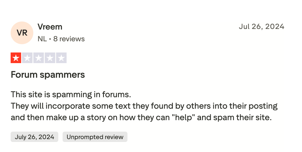 One star Trustpilot review accusing myassignmenthelp.com of spamming student forums