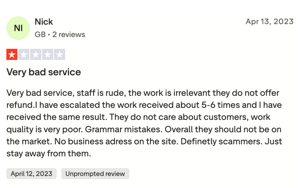 One star Trustpilot review describing repeated escalations, no refund, and no listed business address for myassignmenthelp.com