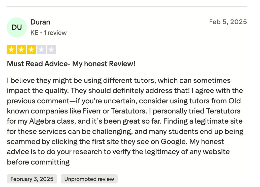 Trustpilot review flagging inconsistent tutor quality for noneedtostudy.com