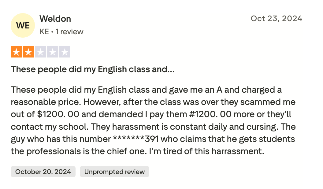 Trustpilot review alleging a post payment demand and threats from noneedtostudy.com