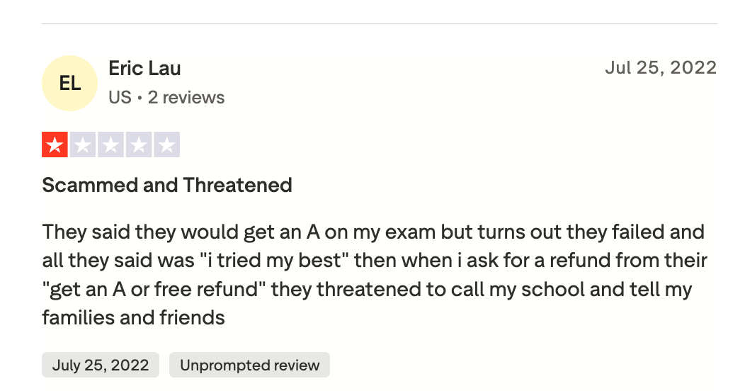 One star Trustpilot review describing threats after a broken grade guarantee from paysomeonetotakemyonlineclass.us