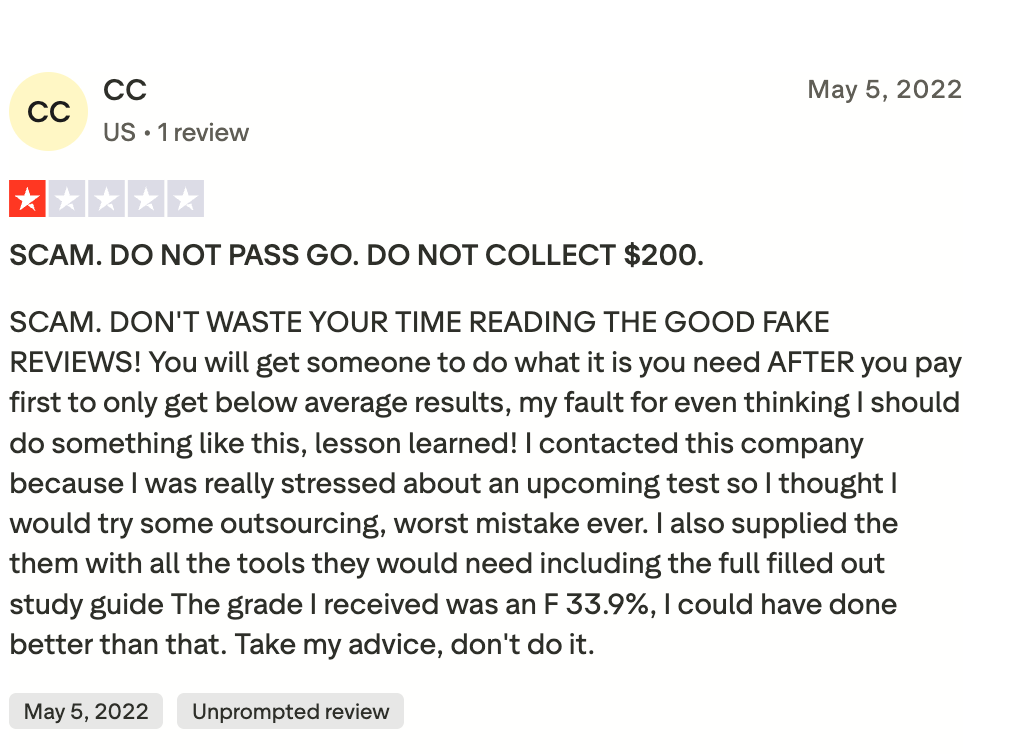 One star Trustpilot review alleging fake positive ratings and a failing grade from paysomeonetotakemyonlineclass.us