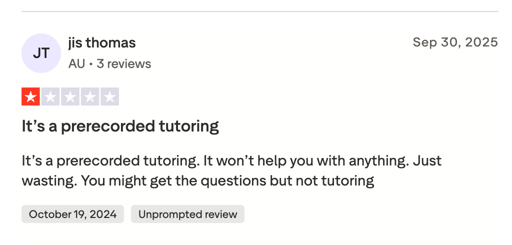 One star Trustpilot review describing prerecorded tutoring sessions from scholarlyhelp.com