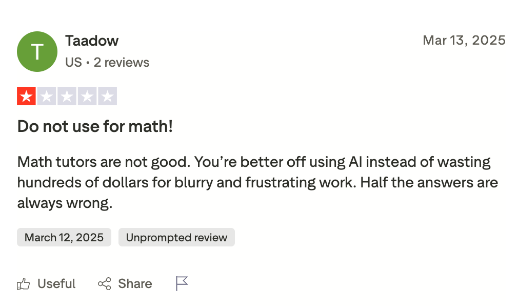 One star Trustpilot review warning against using scholarlyhelp.com for math coursework