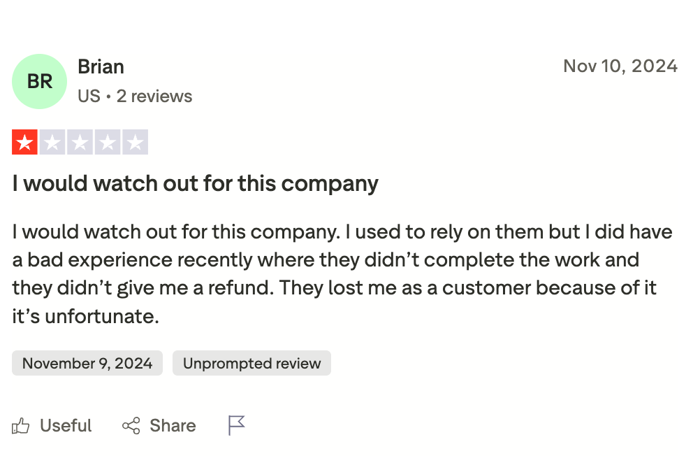 One star Trustpilot review describing an incomplete order and refused refund from scholarlyhelp.com