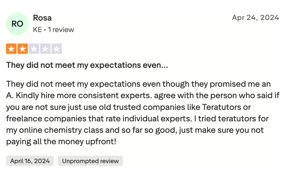 Two star Trustpilot review describing an unmet grade promise from takemyclassonline.net