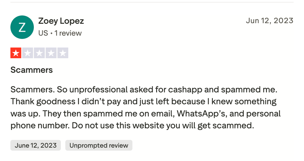 One star Trustpilot review describing a Cash App payment request and repeated spam from takemyonlineclasses.net