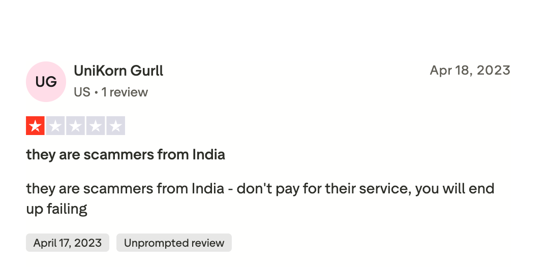One star Trustpilot review describing payment followed by a failed course from takemyonlineclasses.net