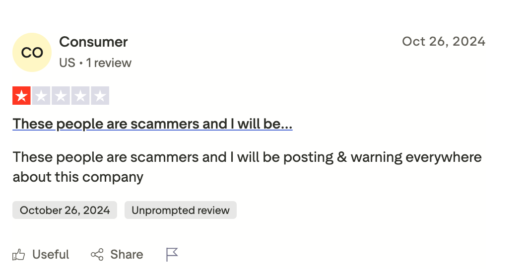 One star Trustpilot review warning other students about takemyonlinecourseforme.com