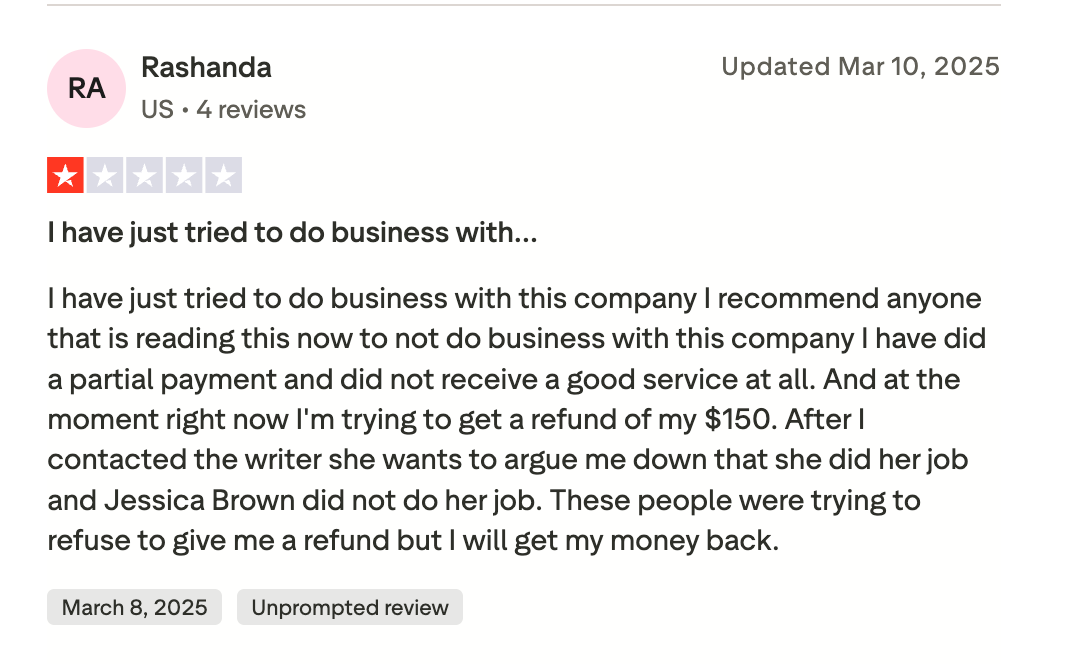 One star Trustpilot review describing a disputed 150 dollar refund from takemyonlinecourseforme.com